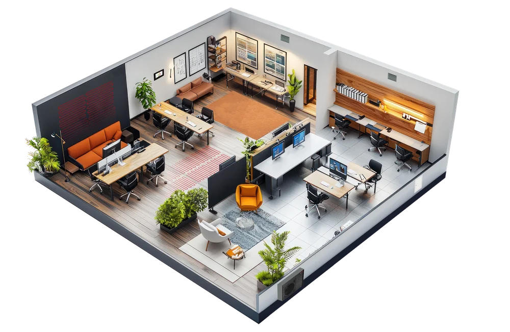 Esquema de un espacio de oficinas con el sistema de confort integrado Giacomini